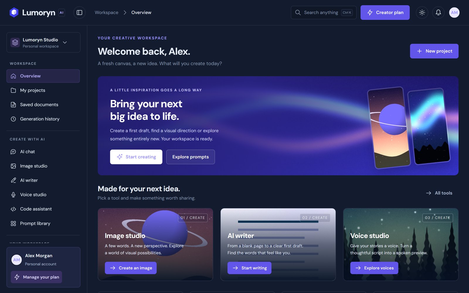 The Lumoryn creator workspace in dark mode